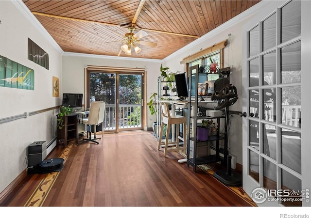2702 W 23rd St, Greeley, CO 80634 - office area with ornamental molding, wooden ceiling, wood finished floors, a baseboard radiator, and a ceiling fan