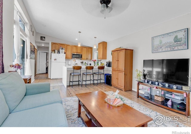 3100 Denton Ave, Boulder, CO 80303 - living area featuring vaulted ceiling, ceiling fan, and light wood finished floors