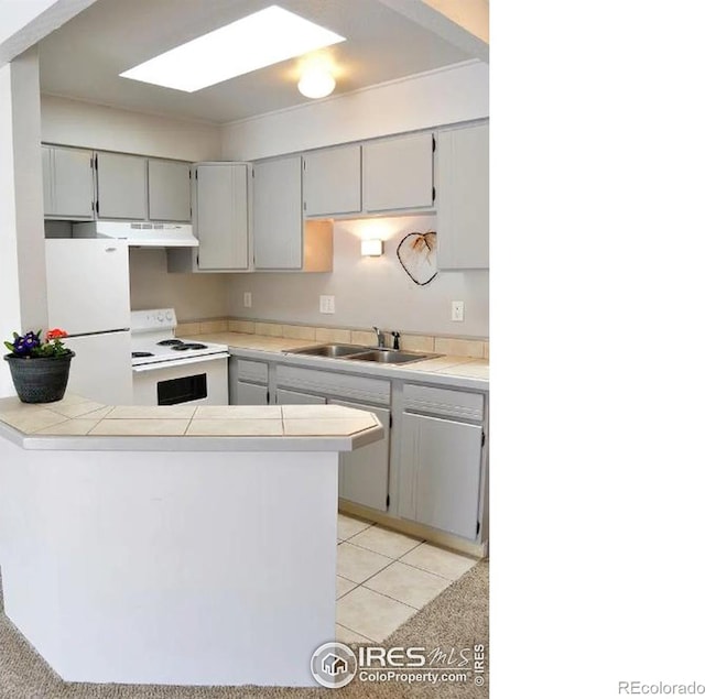 kitchen with white appliances, a sink, under cabinet range hood, a peninsula, and a skylight