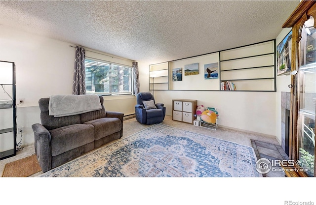 925 Columbia Rd Unit 614, Fort Collins, CO 80525 - carpeted living area featuring a baseboard heating unit, a textured ceiling, and baseboards