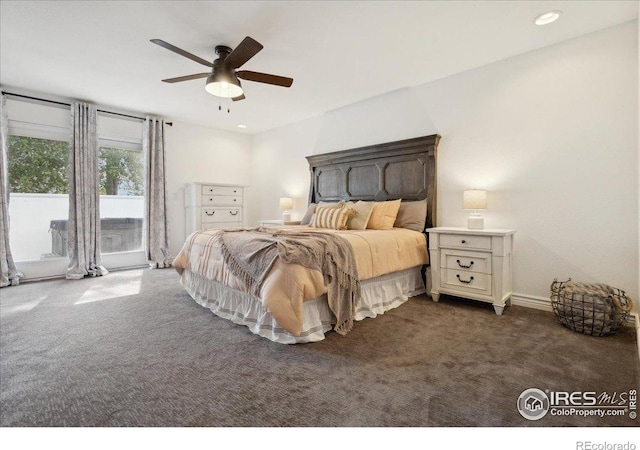 7726 Kit Fox Dr, Wellington, CO 80549 - bedroom featuring dark carpet, ceiling fan, baseboards, access to outside, and recessed lighting