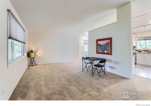 sitting room featuring light carpet, a textured ceiling, vaulted ceiling, and baseboards