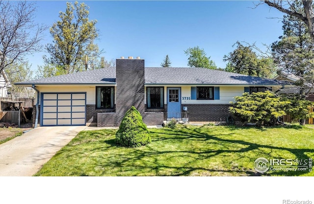 3735 Britting Ave, Boulder, CO 80305 - ranch-style house with an attached garage, brick siding, a chimney, driveway, and a shingled roof