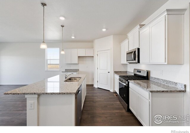 kitchen featuring appliances with stainless steel finishes, a sink, dark wood-type flooring, white cabinets, and recessed lighting