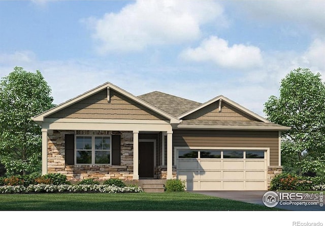 craftsman inspired home with stone siding, an attached garage, concrete driveway, a front yard, and a porch