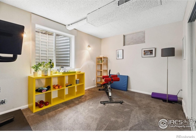2001 James Dr, Loveland, CO 80538 - exercise area with a textured ceiling, carpet flooring, and baseboards