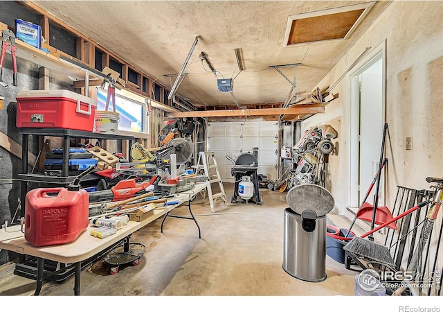 garage with a garage door opener and a workshop area