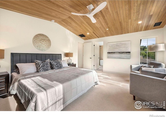 bedroom featuring wood ceiling, carpet floors, vaulted ceiling, recessed lighting, and a ceiling fan