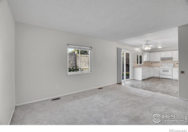 1201 Stein St, Lafayette, CO 80026 - unfurnished living room featuring carpet floors, baseboards, ceiling fan, and a textured ceiling
