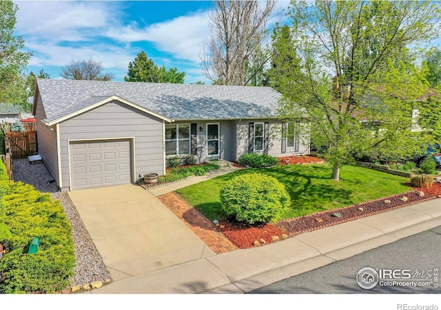 1201 Stein St, Lafayette, CO 80026 - ranch-style house featuring a garage, a shingled roof, and concrete driveway