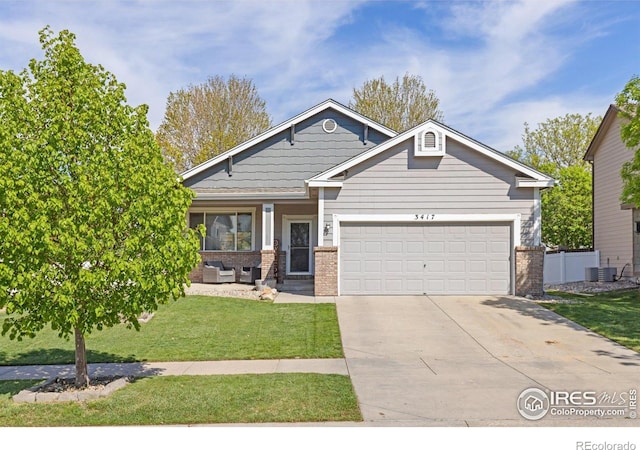 craftsman house with brick siding, a garage, concrete driveway, and outdoor lounge area