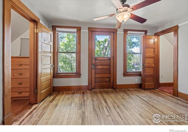 foyer featuring light wood-style floors, healthy amount of natural light, and baseboards