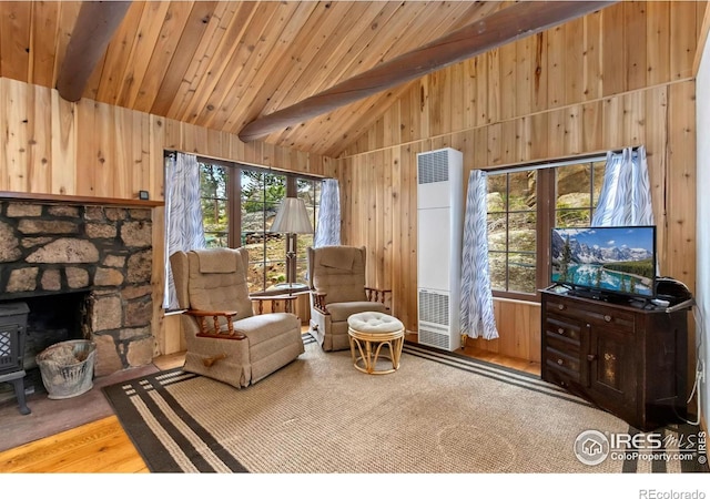 living area featuring a heating unit, wood walls, plenty of natural light, wood finished floors, and wooden ceiling