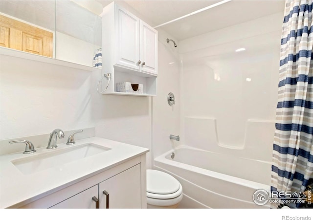 full bath featuring toilet, shower / tub combo with curtain, and vanity
