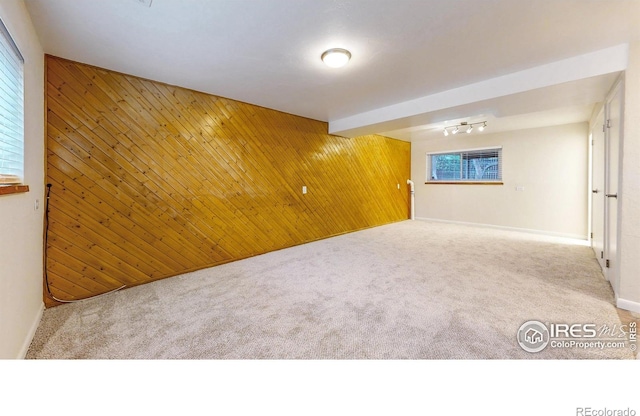 8351 Ralph Ln, Denver, CO 80221 - carpeted spare room with wooden walls, an accent wall, and baseboards