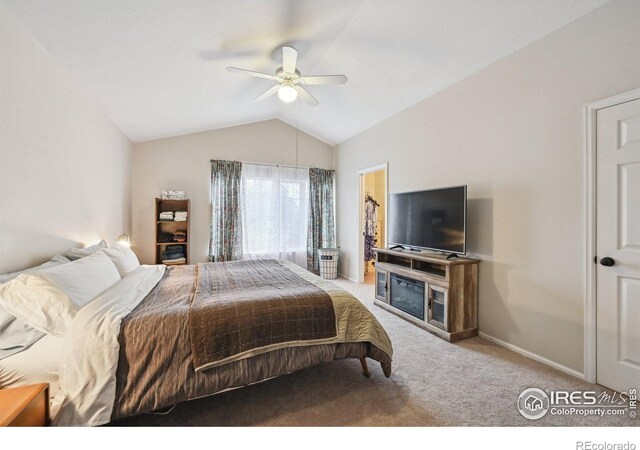 13106 Elizabeth St, Thornton, CO 80241 - bedroom featuring carpet, vaulted ceiling, ceiling fan, and baseboards