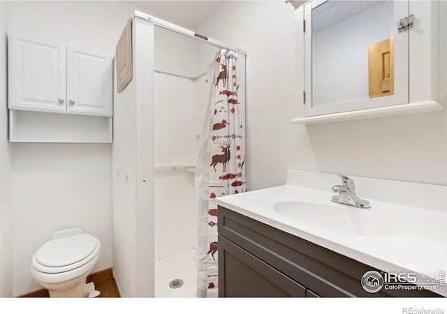 bathroom with toilet, vanity, and a shower with curtain