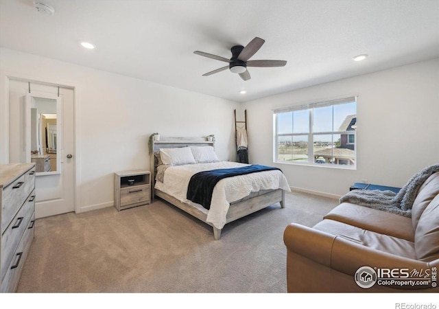 700 Lillibrook Pl, Erie, CO 80026 - bedroom with light carpet, baseboards, recessed lighting, and ceiling fan