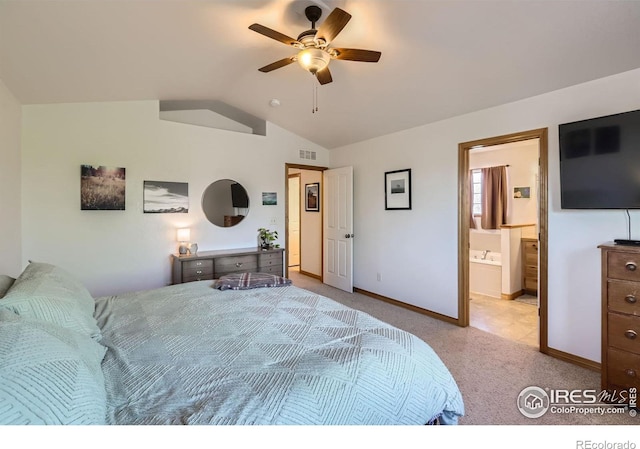 6601 Viburnum St, Wellington, CO 80549 - bedroom with light colored carpet, lofted ceiling, baseboards, connected bathroom, and ceiling fan