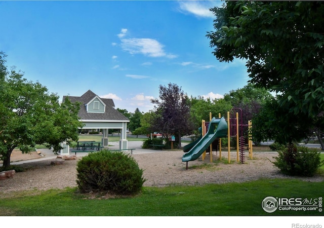 community play area with a gazebo