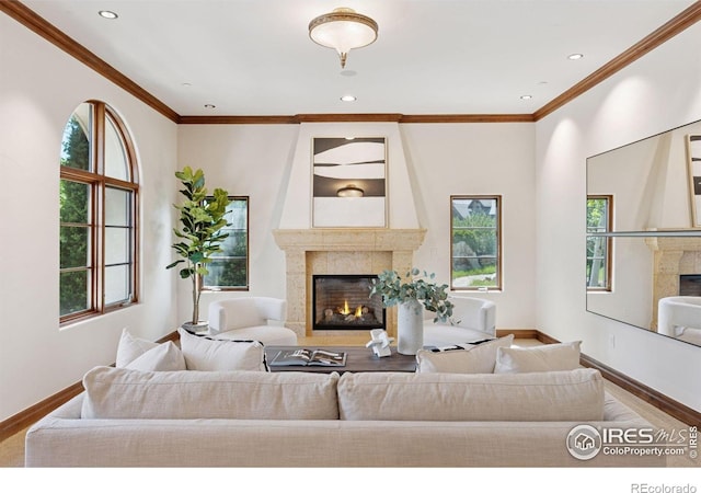 living room featuring a premium fireplace, baseboards, wood finished floors, healthy amount of natural light, and crown molding