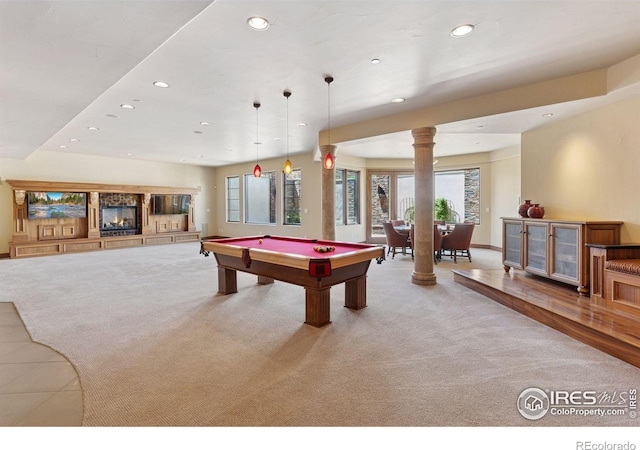 playroom featuring recessed lighting, pool table, light colored carpet, ornate columns, and light tile patterned flooring