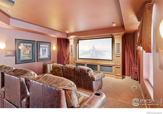 cinema with decorative columns, carpet flooring, recessed lighting, and a raised ceiling