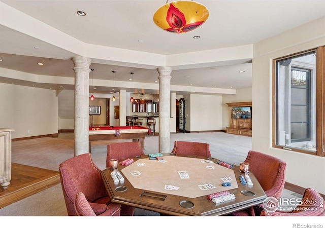 carpeted dining room with ornate columns, baseboards, recessed lighting, and billiards
