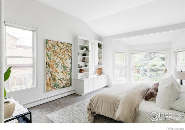 910 Kalmia Ave, Boulder, CO 80304 - carpeted bedroom with a baseboard heating unit and vaulted ceiling