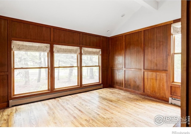 910 Kalmia Ave, Boulder, CO 80304 - unfurnished room featuring a baseboard radiator, lofted ceiling, baseboard heating, light wood-style flooring, and wood walls