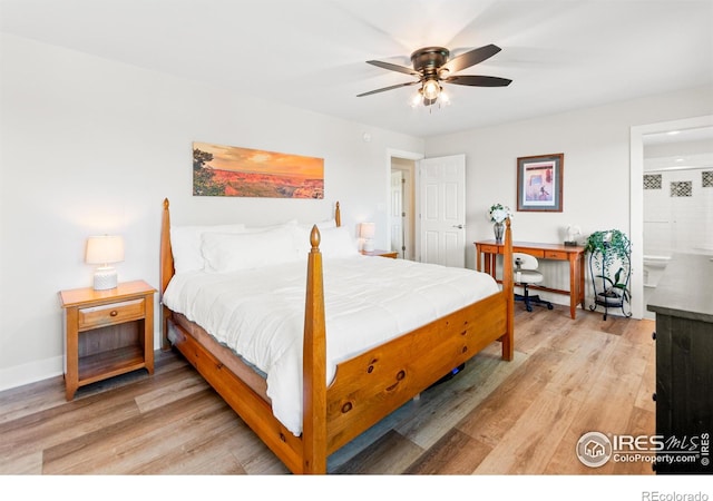 2017 Vaquero St, Longmont, CO 80504 - bedroom featuring light wood-style floors, ensuite bath, baseboards, and a ceiling fan