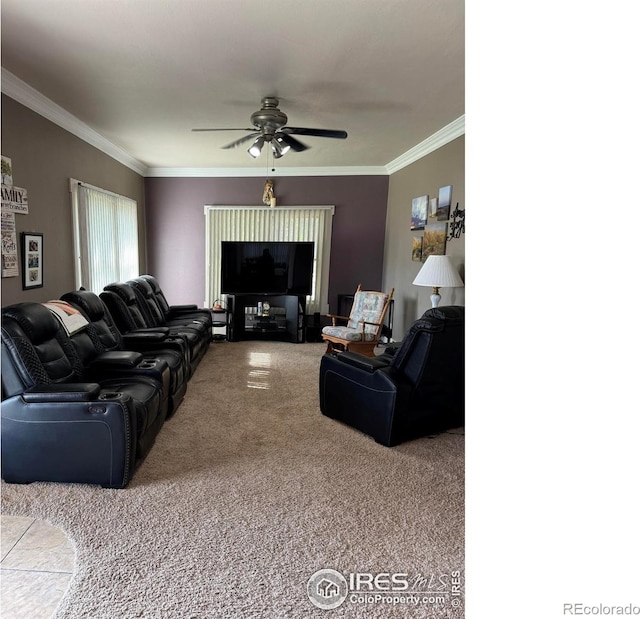 841 Dexter St, Wray, CO 80758 - carpeted living area featuring crown molding and a ceiling fan