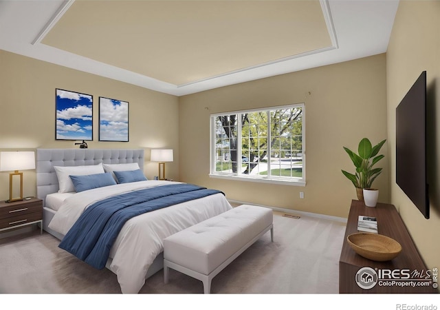 3742 Florentine Cir, Longmont, CO 80503 - bedroom with light carpet, baseboards, and a tray ceiling