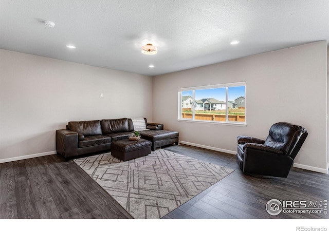 living area featuring wood finished floors, baseboards, and recessed lighting