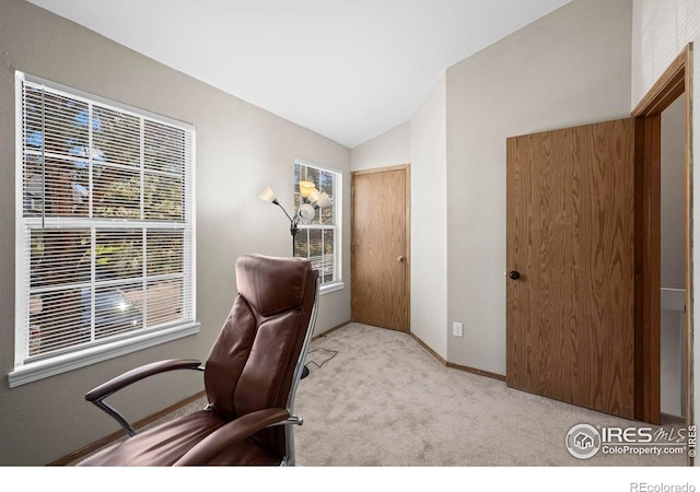 504 Shady Crest Cir, Colorado Springs, CO 80916 - office area with lofted ceiling, carpet floors, and baseboards