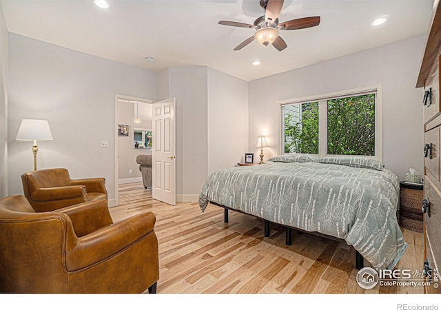 bedroom with light wood-style floors, baseboards, recessed lighting, and ceiling fan