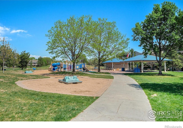 view of property's community featuring a gazebo and a lawn