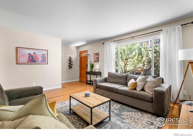 living room with light wood finished floors and baseboards