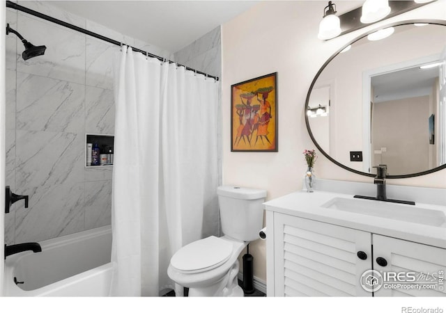 bathroom with toilet, vanity, and shower / bathtub combination with curtain