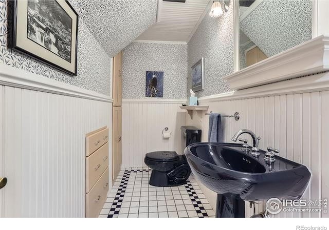 half bath featuring toilet, wainscoting, tile patterned flooring, and inlaid floor details