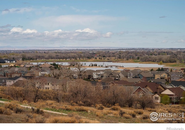 aerial view of residential area with a large body of water