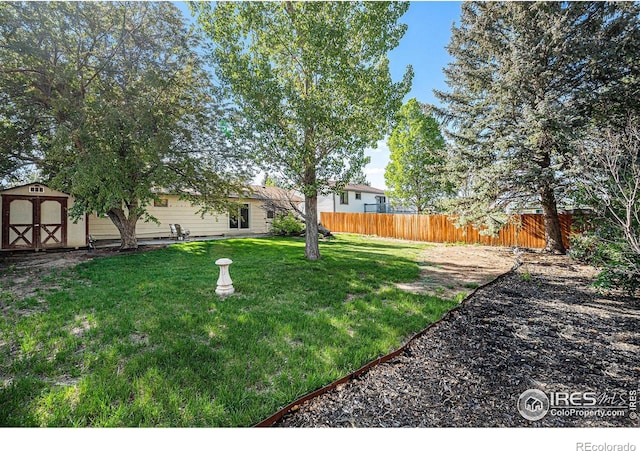 view of yard with a storage shed and an outdoor structure