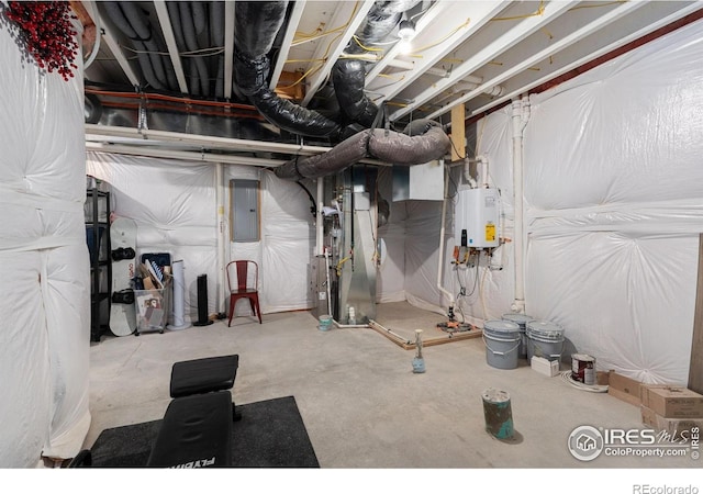 97 Westerly Blvd, Erie, CO 80516 - unfinished basement with electric panel, tankless water heater, and heating unit