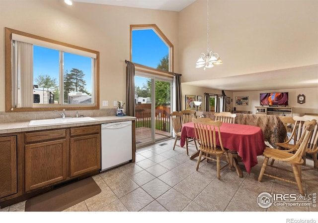 3949 Willowood Ave, Loveland, CO 80538 - kitchen with dishwasher, a chandelier, a sink, open floor plan, and a towering ceiling