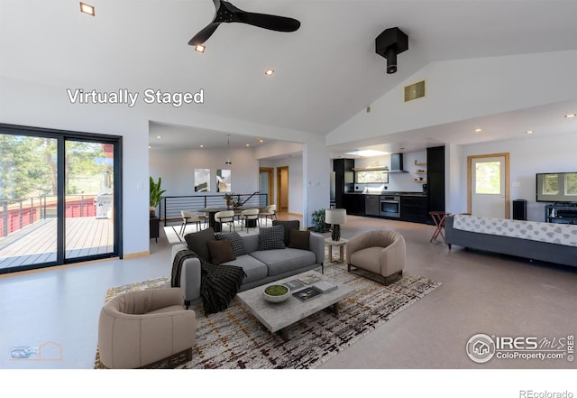 548 Coughlin Meadows Rd, Boulder, CO 80302 - living room featuring high vaulted ceiling and recessed lighting