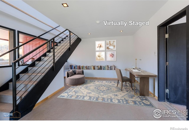 548 Coughlin Meadows Rd, Boulder, CO 80302 - living room featuring stairs, baseboards, and carpet flooring