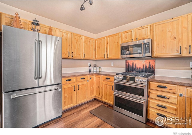 8962 Smoke Signal Way, Wellington, CO 80549 - kitchen featuring stainless steel appliances, light wood-type flooring, light brown cabinetry, and dark countertops