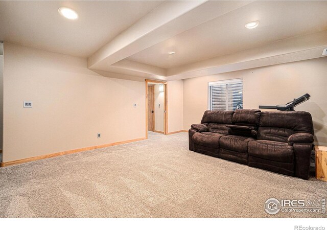 8962 Smoke Signal Way, Wellington, CO 80549 - carpeted living room featuring baseboards, recessed lighting, and a tray ceiling