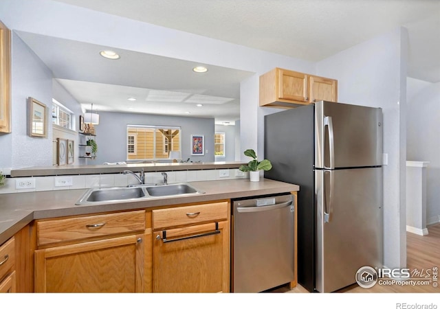 1014 Andrews Peak Dr Unit B107, Fort Collins, CO 80521 - kitchen with stainless steel appliances, a sink, wood finished floors, recessed lighting, and plenty of natural light