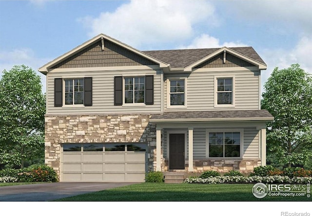 332 Hummingbird Ln, Johnstown, CO 80534 - craftsman-style home featuring stone siding, a garage, asphalt driveway, and a shingled roof